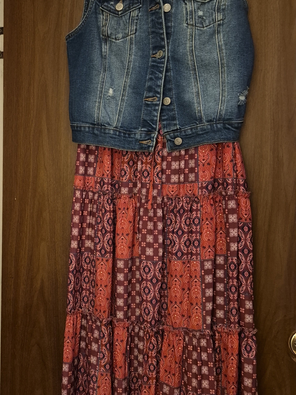 Boho Patchwork Maxi Dress in Red and Maroon With Denim Vest